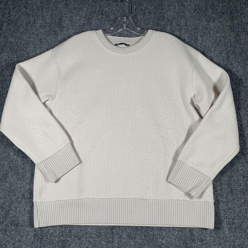 Zara Sweater Mens Medium White Tight Knit Crewneck Pullover Viscose Blend